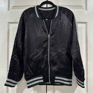 AQUA Black Satin Sequin Sleeve Bomber Jacket Size M NWT $98